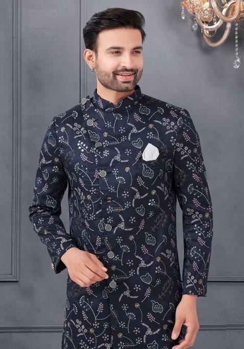 Navy Blue Embroidered Silk Sherwani Set For Men
