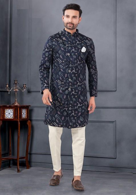 Navy Blue Embroidered Silk Sherwani Set For Men