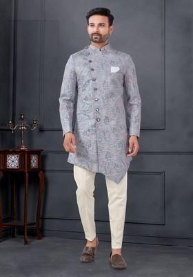 Grey Embroidered Silk Sherwani Set For Men