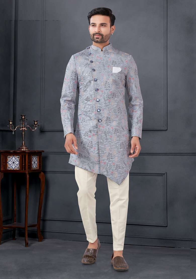 Grey Embroidered Silk Sherwani Set For Men - Indya