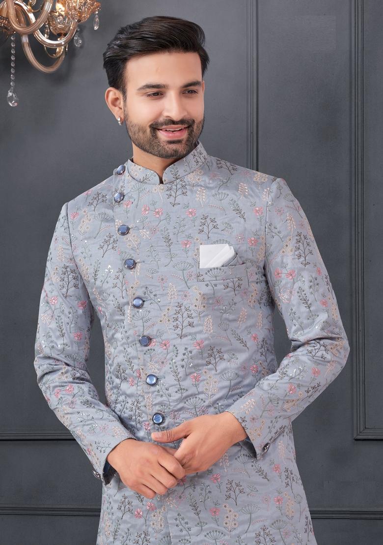 Grey Embroidered Silk Sherwani Set For Men