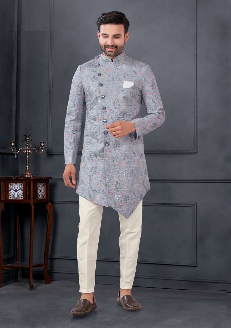 Grey Embroidered Silk Sherwani Set For Men - Indya