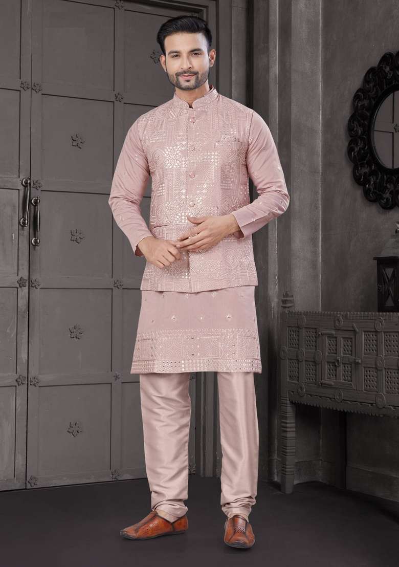 Pink Embroidered Viscose Nehru Jacket Set For Men - Indya