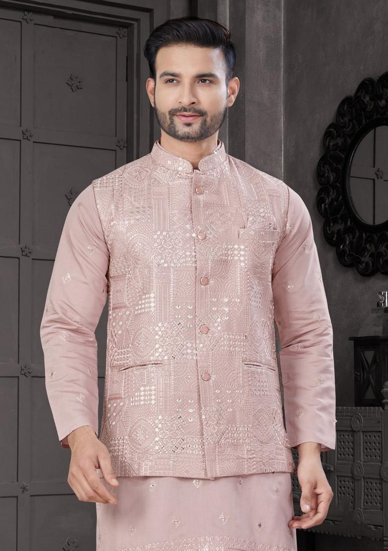Pink Embroidered Viscose Nehru Jacket Set For Men