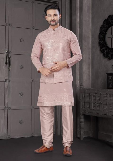 Pink Embroidered Viscose Nehru Jacket Set For Men — view on Indya