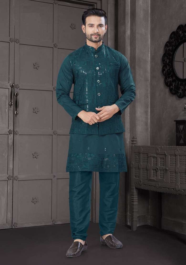 Rama Embroidered Viscose Nehru Jacket Set For Men - Indya