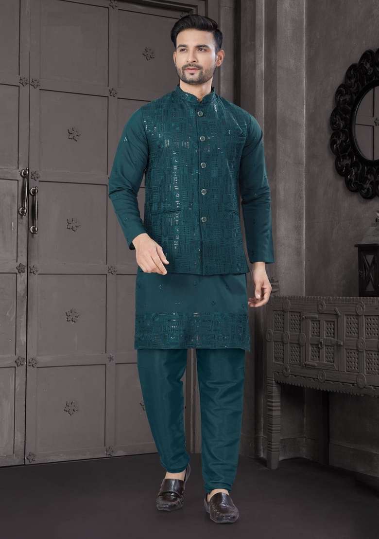 Rama Embroidered Viscose Nehru Jacket Set For Men - Indya