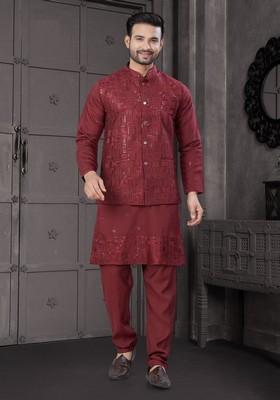 Maroon Embroidered Viscose Nehru Jacket Set For Men