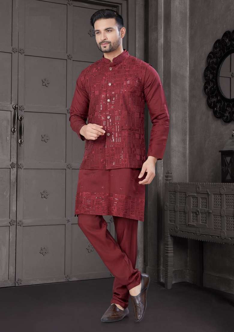 Maroon Embroidered Viscose Nehru Jacket Set For Men - Indya
