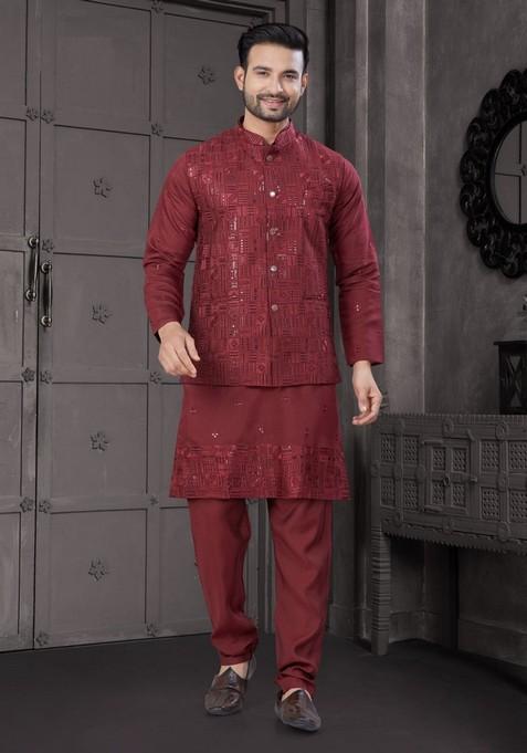 Maroon Embroidered Viscose Nehru Jacket Set For Men — view on Indya