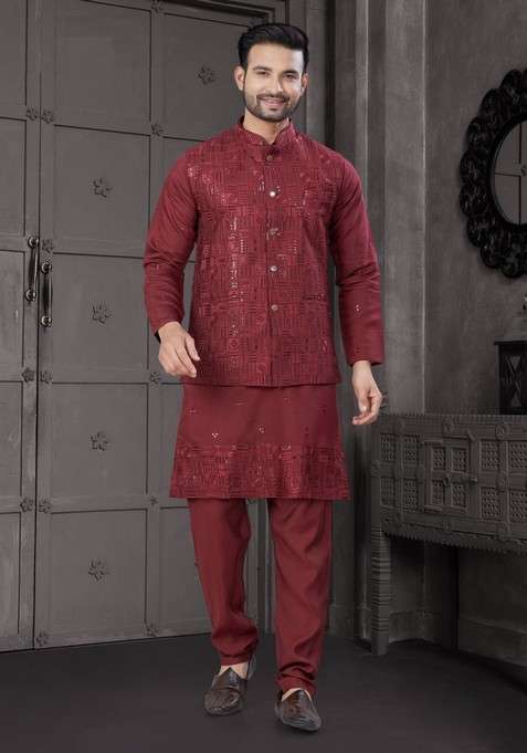 Maroon Embroidered Viscose Nehru Jacket Set For Men