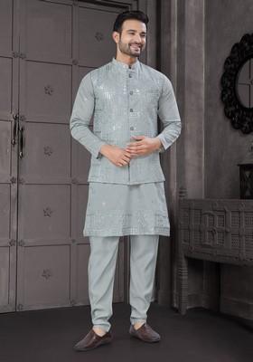 Sky Blue Embroidered Viscose Nehru Jacket Set For Men