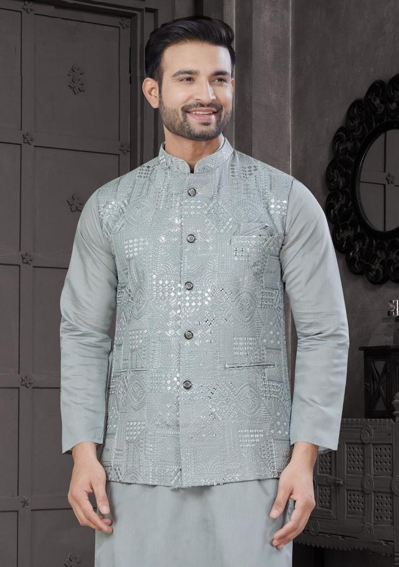 Sky Blue Embroidered Viscose Nehru Jacket Set For Men
