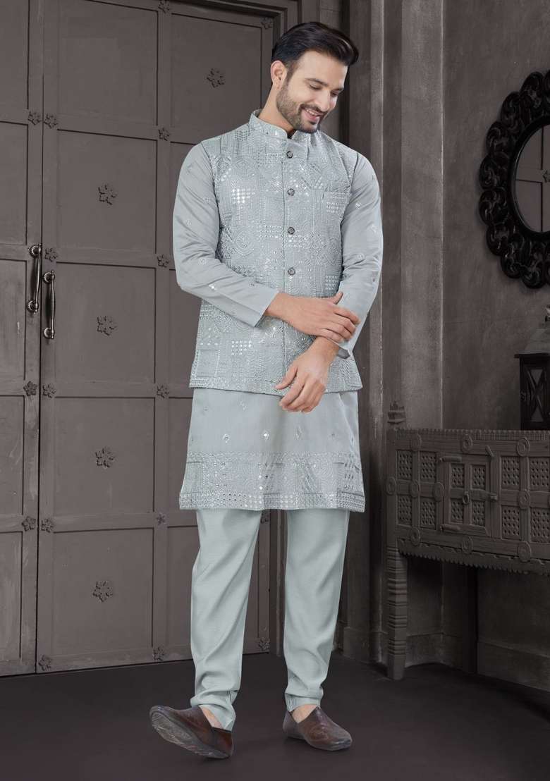 Sky Blue Embroidered Viscose Nehru Jacket Set For Men - Indya