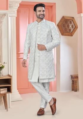 White Embroidered Silk Nehru Jacket Set For Men