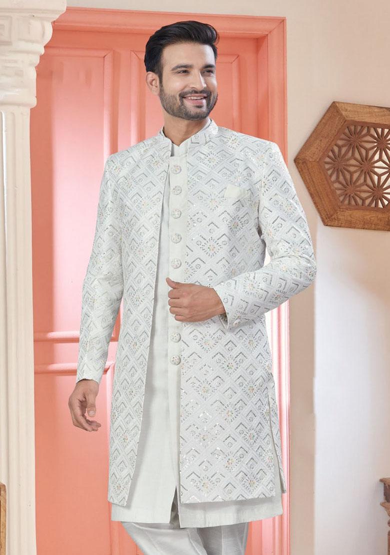 White Embroidered Silk Nehru Jacket Set For Men