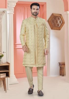 Golden Embroidered Silk Nehru Jacket Set For Men