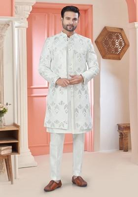 White Embroidered Silk Nehru Jacket Set For Men