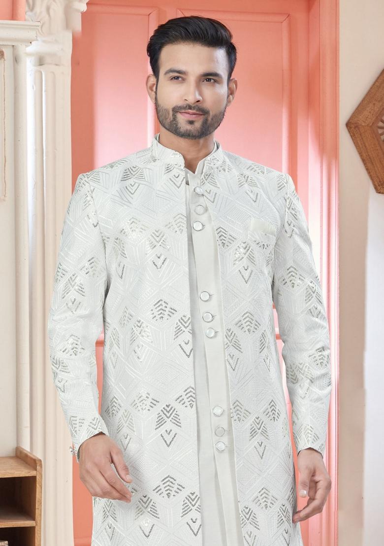 White Embroidered Silk Nehru Jacket Set For Men