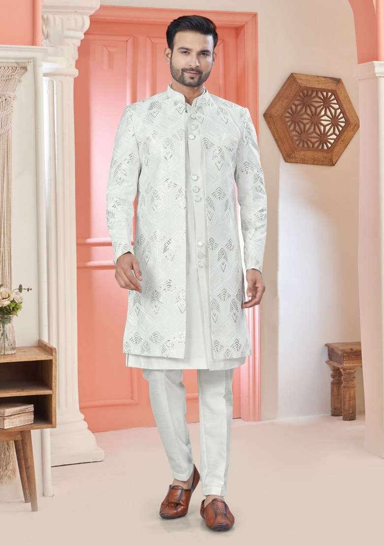 White Embroidered Silk Nehru Jacket Set For Men - Indya