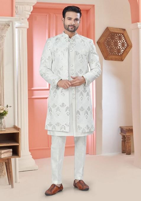 White Embroidered Silk Nehru Jacket Set For Men — view on Indya