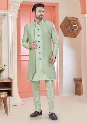 Green Embroidered Silk Nehru Jacket Set For Men