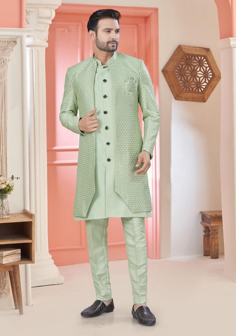 Green Embroidered Silk Nehru Jacket Set For Men