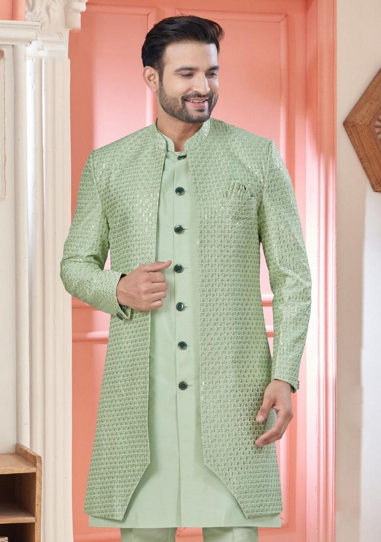 Green Embroidered Silk Nehru Jacket Set For Men