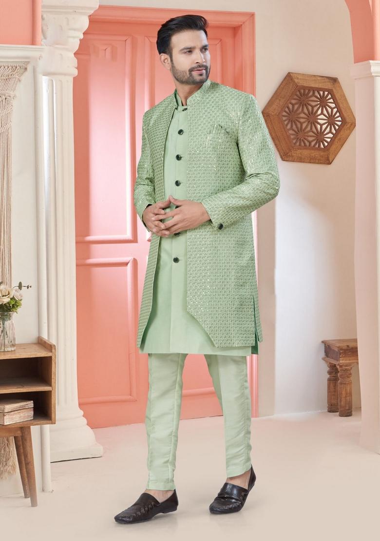 Green Embroidered Silk Nehru Jacket Set For Men