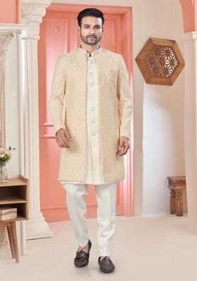 Cream Embroidered Silk Nehru Jacket Set For Men