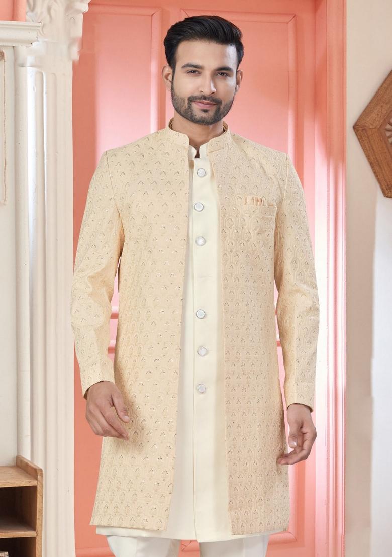 Cream Embroidered Silk Nehru Jacket Set For Men