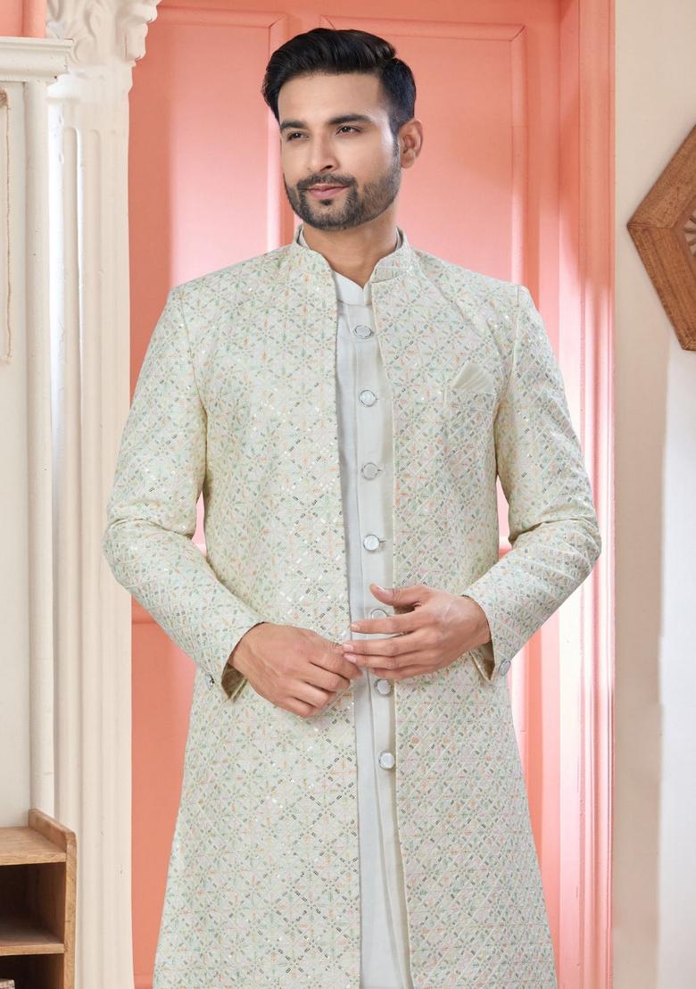 White Embroidered Silk Nehru Jacket Set For Men