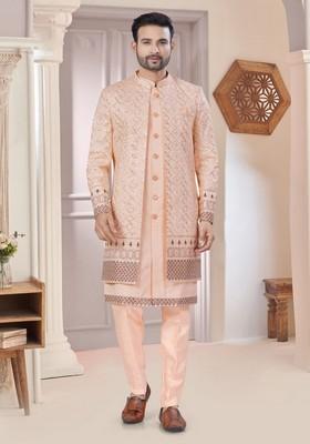 Peach Embroidered Silk Nehru Jacket Set For Men