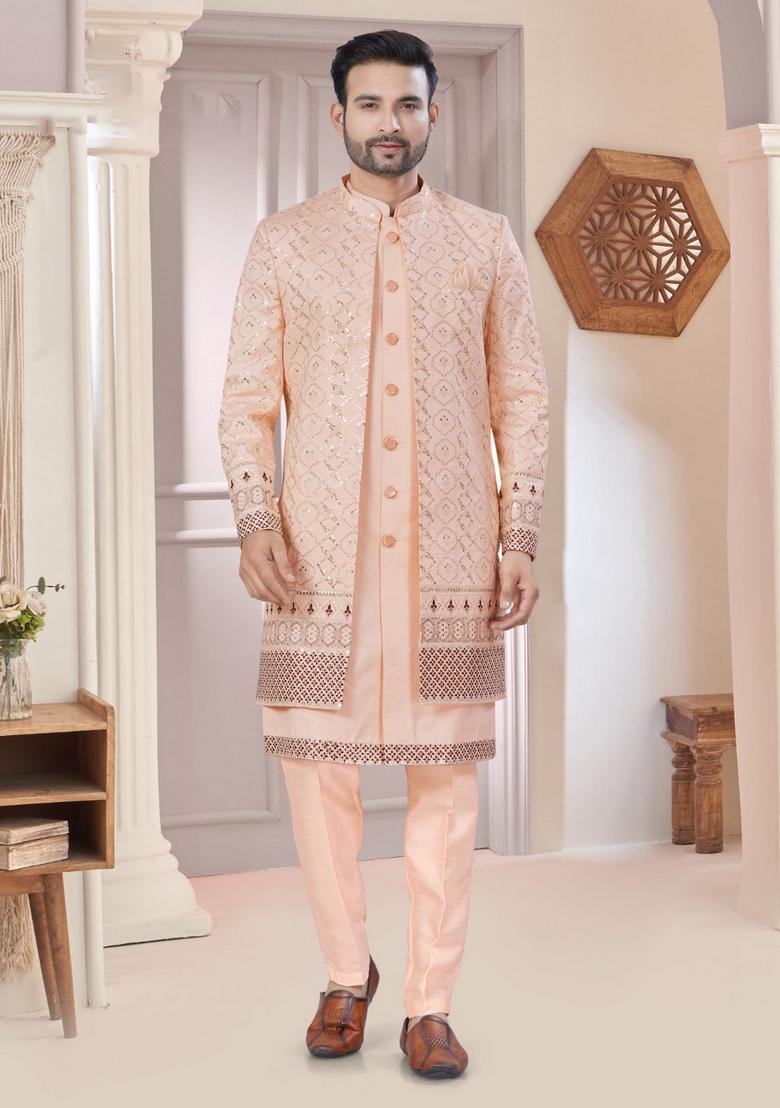 Peach Embroidered Silk Nehru Jacket Set For Men