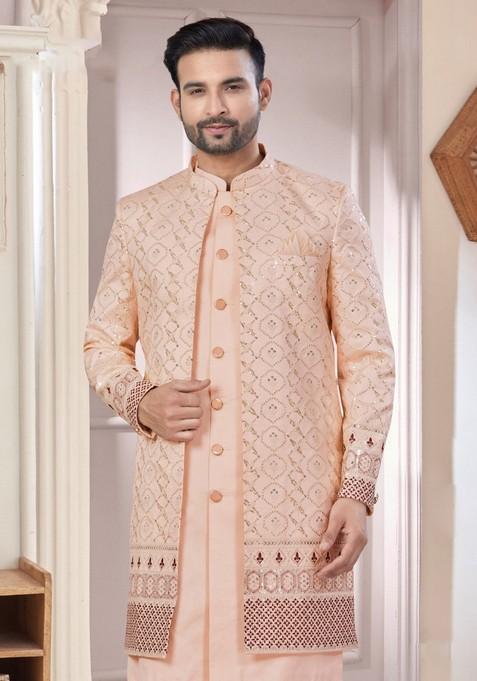 Peach Embroidered Silk Nehru Jacket Set For Men