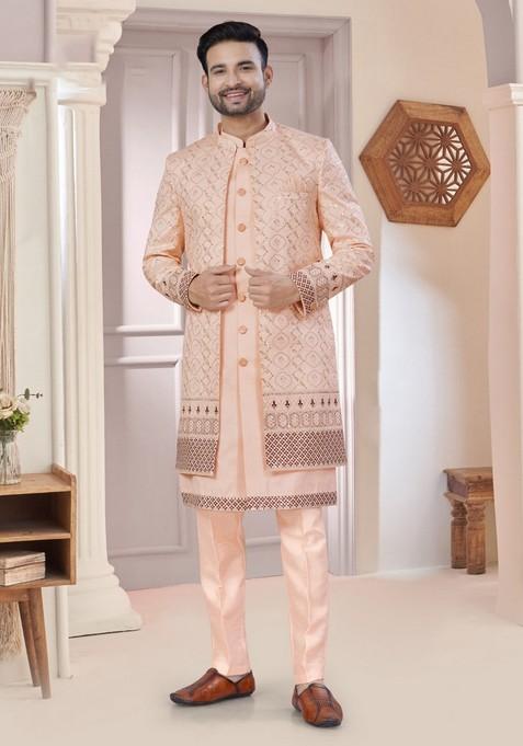 Peach Embroidered Silk Nehru Jacket Set For Men