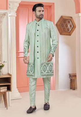 Pista Embroidered Silk Nehru Jacket Set For Men