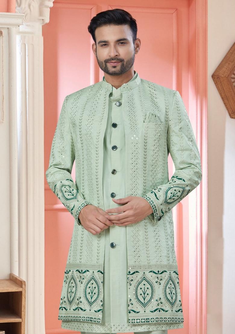 Pista Embroidered Silk Nehru Jacket Set For Men