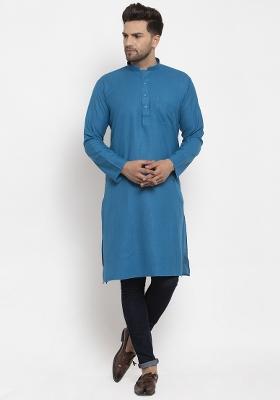 Blue Solid Cotton Blend Kurta For Men