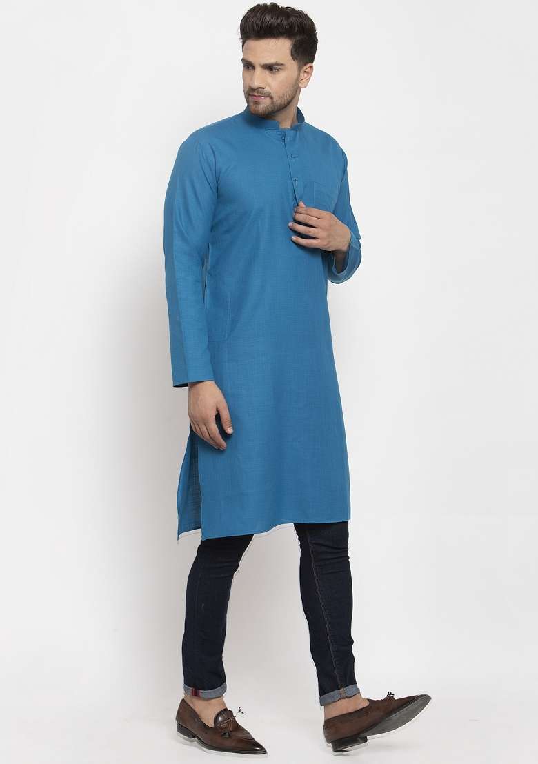 Blue Solid Cotton Blend Kurta For Men - Indya