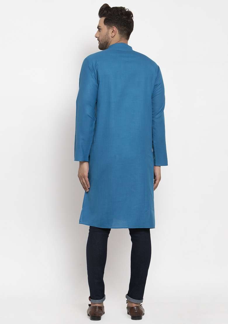Blue Solid Cotton Blend Kurta For Men - Indya