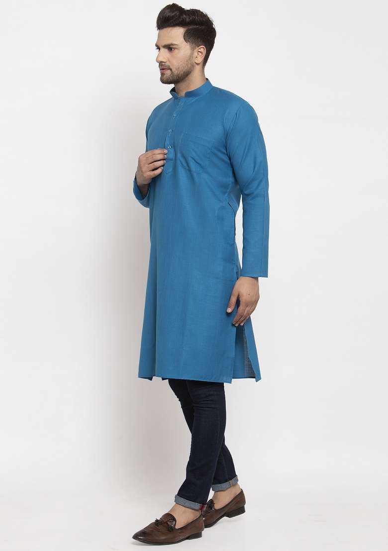 Blue Solid Cotton Blend Kurta For Men - Indya