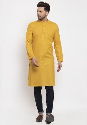 Mustard Yellow Solid Cotton Blend Kurta For Men