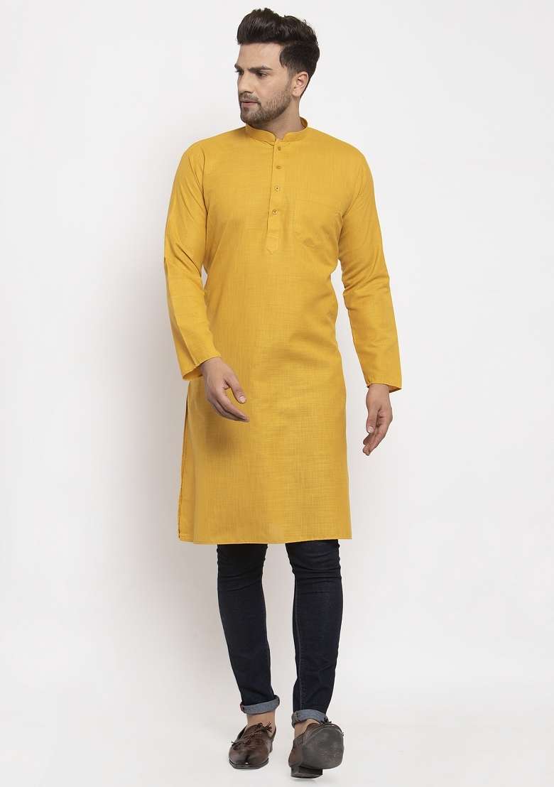 Mustard Yellow Solid Cotton Blend Kurta For Men - Indya
