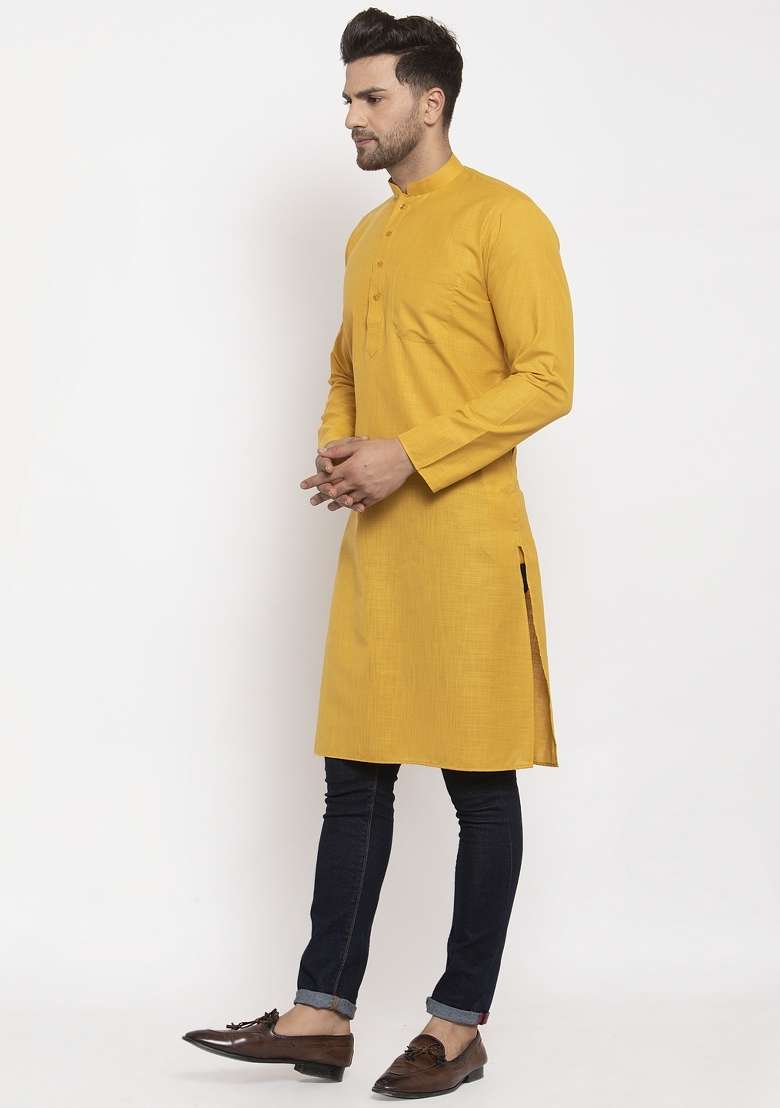 Mustard Yellow Solid Cotton Blend Kurta For Men - Indya