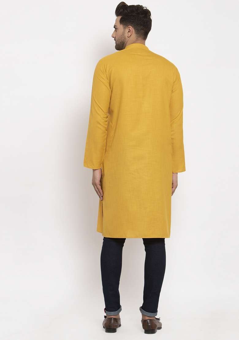 Mustard Yellow Solid Cotton Blend Kurta For Men - Indya