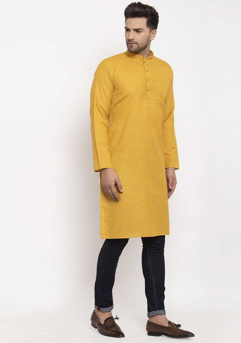 Mustard Yellow Solid Cotton Blend Kurta For Men - Indya