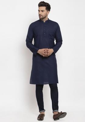Navy Blue Solid Cotton Blend Kurta For Men