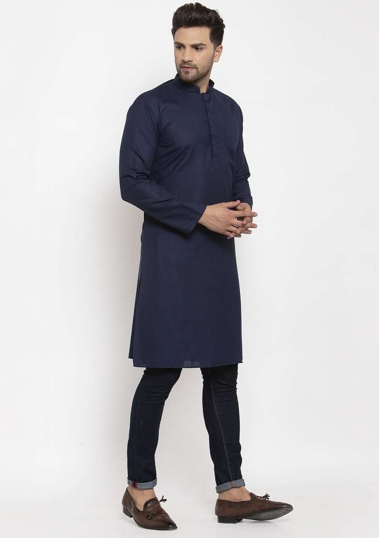 Navy Blue Solid Cotton Blend Kurta For Men - Indya