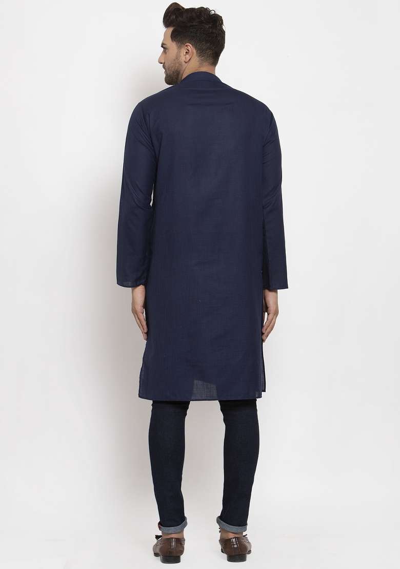 Navy Blue Solid Cotton Blend Kurta For Men - Indya